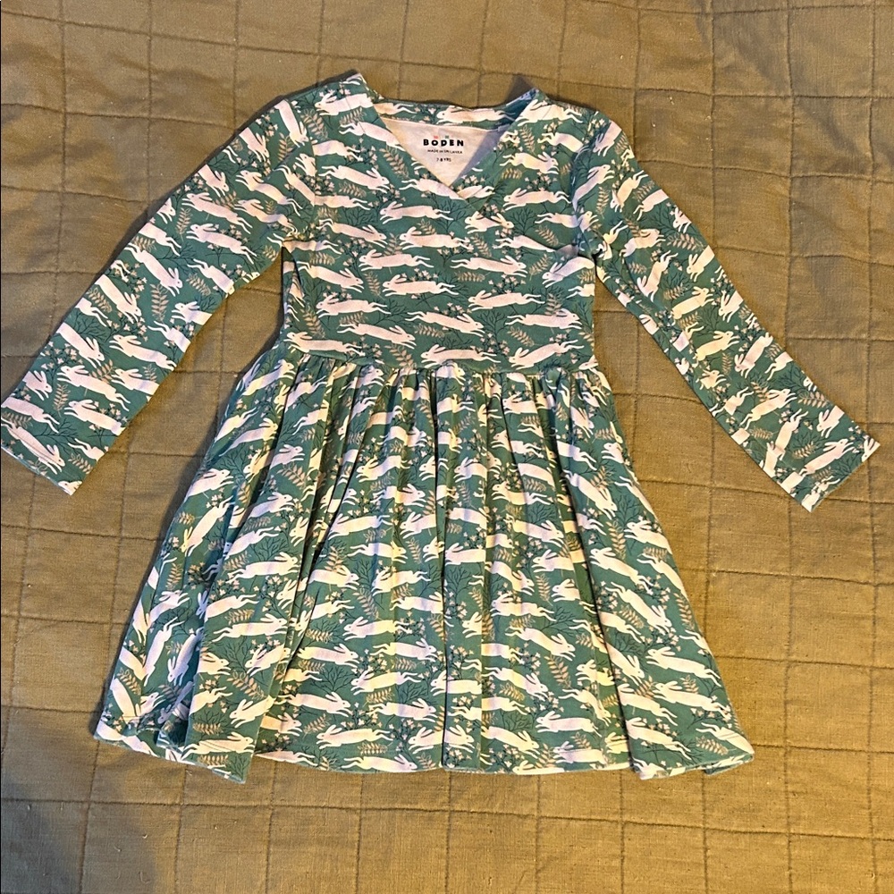 Mini Boden Green Rabbit Print Kids Dress